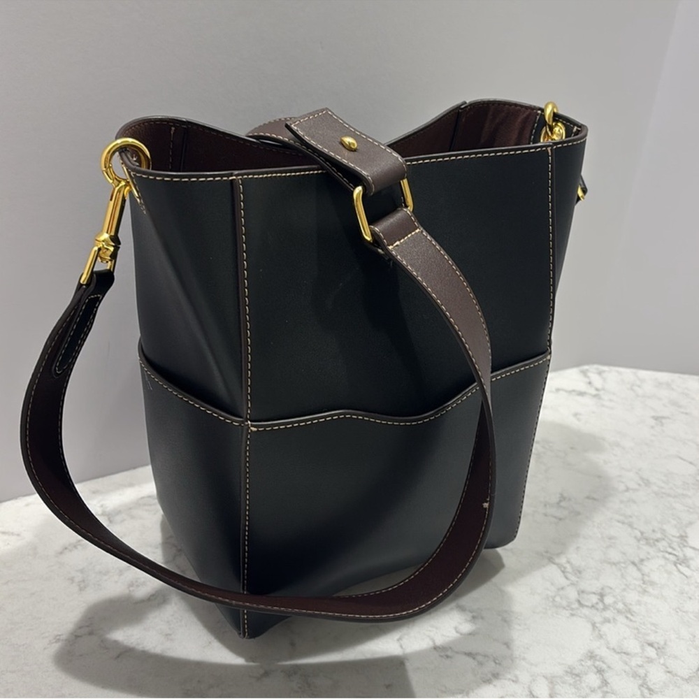 AALLYN Leather Jordan Bucket Bag Black Gold Purse - Picture 7 of 9